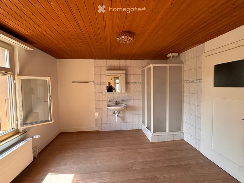 Bathroom. Bathroom with wooden floor, tiled walls, sink, mirror, and shower stall.