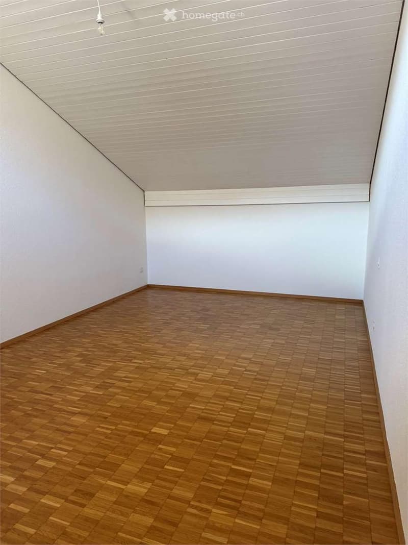Unfurnished Room. Empty room with wooden flooring and white walls, featuring a slanted ceiling and a single light fixture.