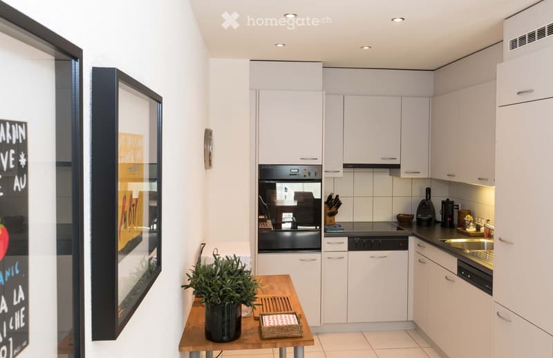 Kitchen. Modern kitchen with white cabinets, stainless steel appliances, a wooden island table, and a potted plant on the table.