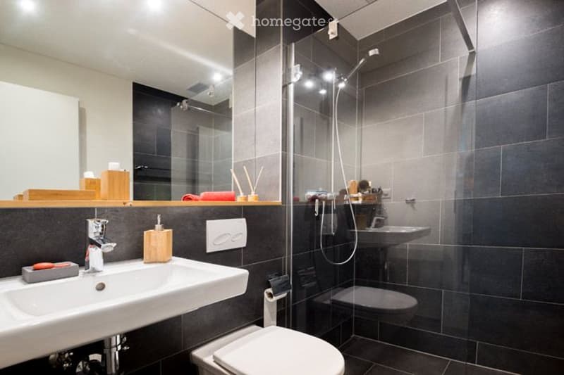 Bathroom. Modern bathroom with dark grey tiles, a white sink with a chrome faucet, a large mirror, a glass-enclosed shower with a handheld showerhead, and a toilet. The countertop has a wooden tray with toiletries.