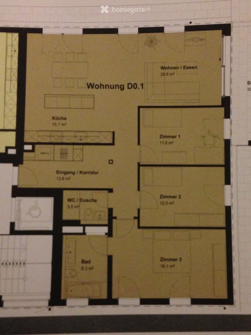 Floor Plan. Floor plan of Wohnung D0.1 showing a kitchen, living/dining area, three bedrooms, a bathroom, and a WC/shower area.