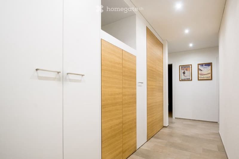 Corridor / Hallway. Modern hallway with white walls, wooden doors, and recessed lighting. Two framed artworks are visible on the right wall.