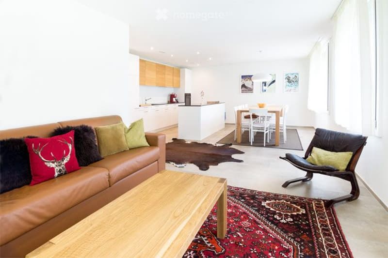Furnished Room. Open-plan living and dining area with a leather sofa, coffee table, dining table, and kitchen island. The space features modern furniture, colorful cushions, and artwork on the walls.