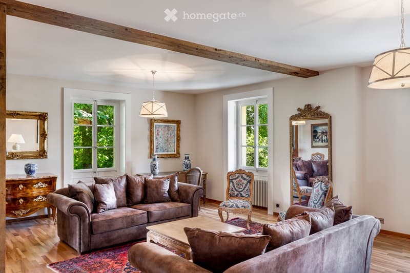 Other. {"visible_features": [],    "type": "Room",    "description": "living room, two sofas, wooden coffee table, two side tables, large windows, three large framed paintings, mirror, ornate mirror, chandeliers, oriental rug",    "localized_descriptio