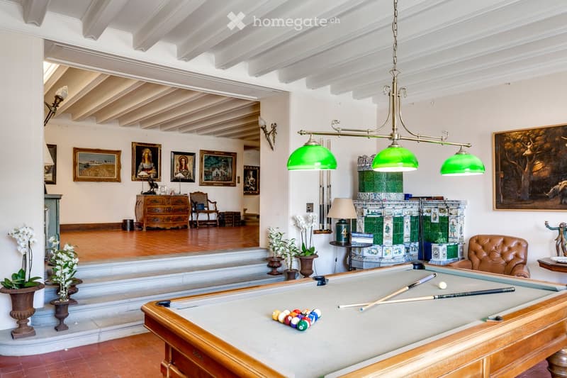 Other. {"visible_features": [], "type": "Room", "description": "Billiard table, vintage chandelier, white walls, white flooring, vintage chair, potted plants, decorative items, paintings, staircases, wooden cabinet, fireplace", "localized_descriptions": {