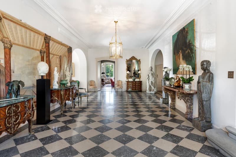 Other. {"visible_features": [],    "type": "Hallway",    "description": "checkered flooring, white walls, chandelier, statues, marble consoles, antique furniture, paintings, mirror",    "localized_descriptions":        {        "EN": "Hallway: checke