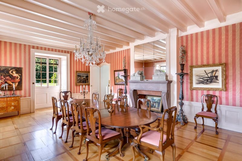 Other. {"type": "Dining room", "description": "Chandelier, large oval wooden table, 10 pink velvet upholstered chairs, fireplace, pink striped walls, large white framed windows, artwork", "localized_descriptions": { "EN": "Dining r