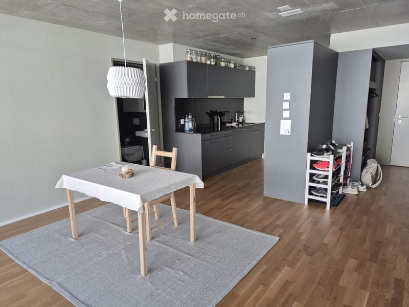 Modern kitchen and dining area with grey cabinets, wooden flooring, a dining table with chairs, and a hanging pendant light.