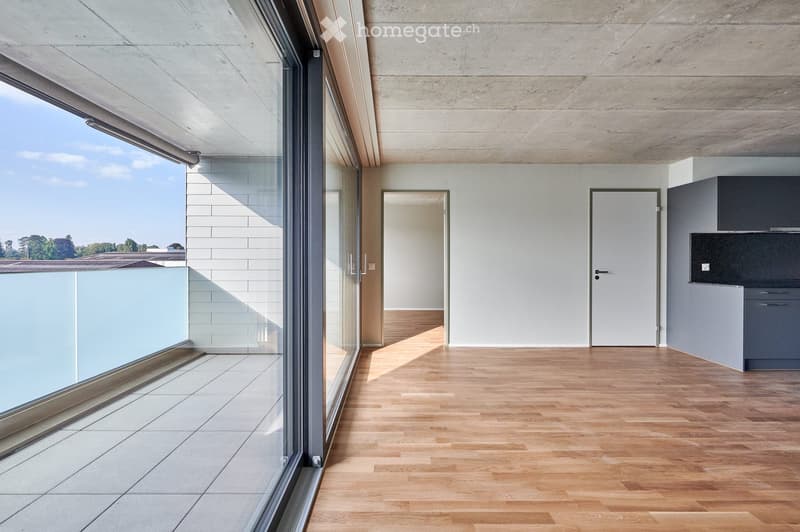 Unfurnished Room. Modern, minimalist unfurnished room with light wooden flooring, white walls, and large glass windows offering a view of the outdoors. Features include a small kitchen area with cabinets and a door leading to another space.
