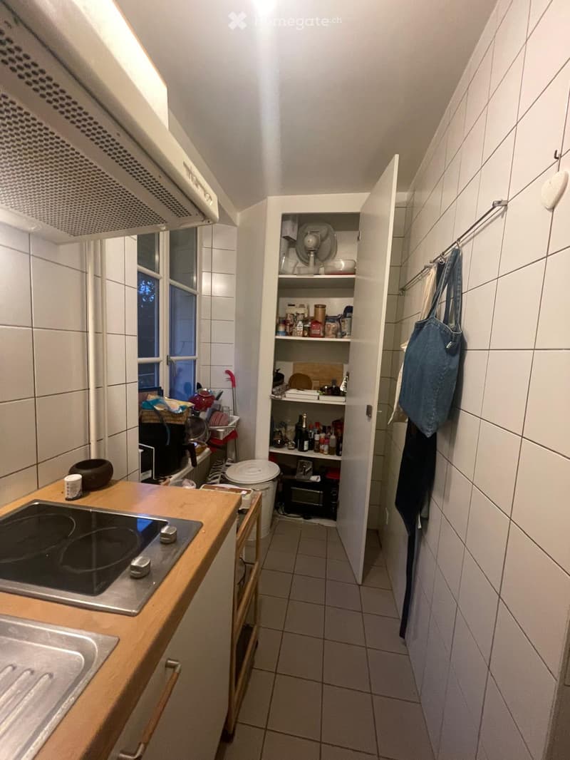 Kitchen. A compact kitchen with white tiled walls and a wooden countertop. Features include an induction stove, sink, open shelving with various kitchen items, and a small fan on a shelf.