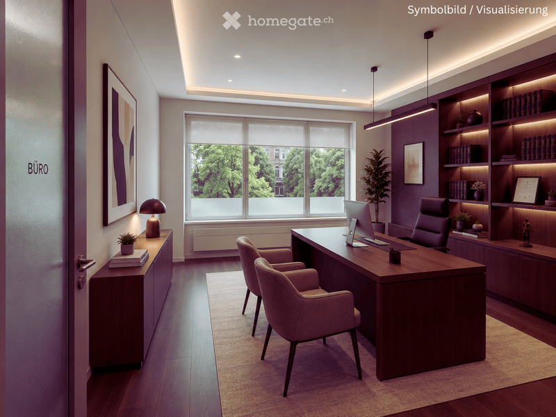 Furnished Room. Modern office space with a large wooden desk, ergonomic chairs, a computer screen, a bookshelf with books and decorative items, a potted plant, and a lamp on a side table.