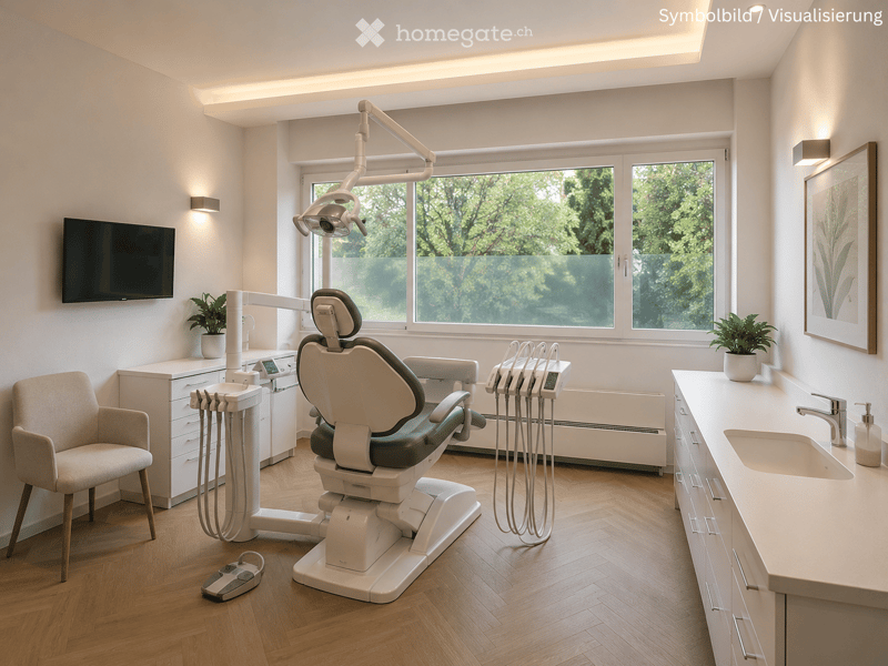Furnished Room. Modern dental office with a dental chair, sink, cabinetry, screen, and plants. Large windows provide natural light.