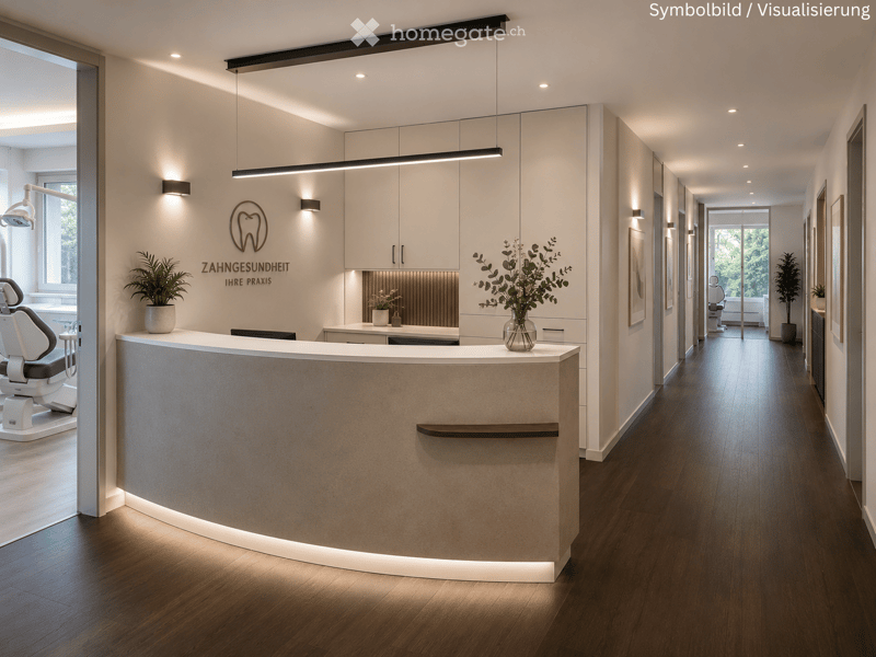 Furnished Room. Modern reception area with a sleek reception desk, potted plants, and a dental chair visible in the background.