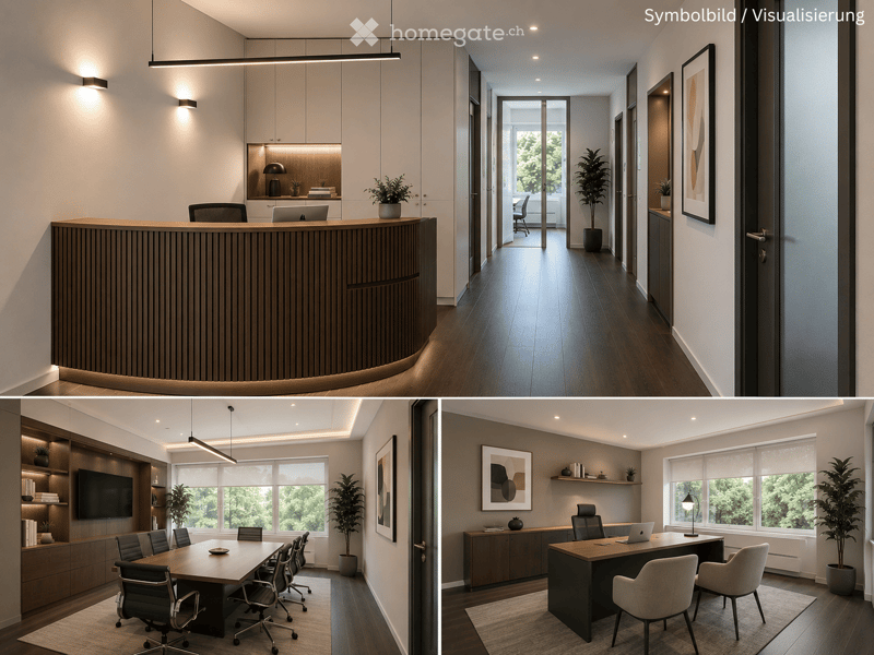 Furnished Room. Modern office space with reception area, meeting room, and private office. Features include dark wood flooring, sleek furniture, large windows with greenery view, and integrated lighting.