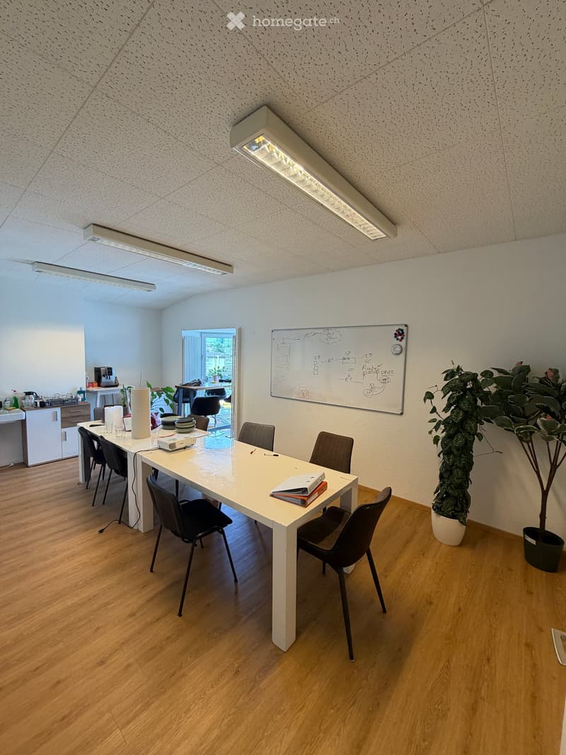 Furnished Room. Bright, modern meeting room with a long white table surrounded by black chairs, a whiteboard, potted plants, and a small kitchen area visible in the background.