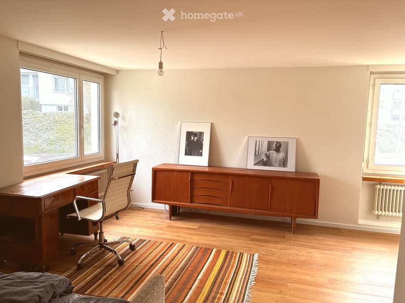 wooden desk, office chair, wooden cabinet, two framed pictures, radiator, striped rug, wooden floor