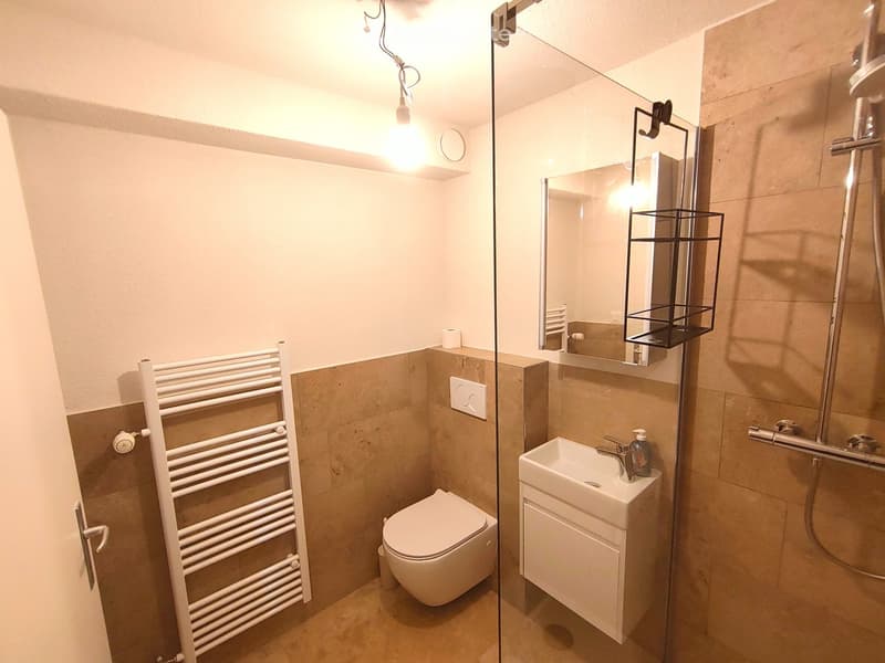 modern bathroom with white toilet, white sink, glass shower, mirror, towel rack, and tiled walls