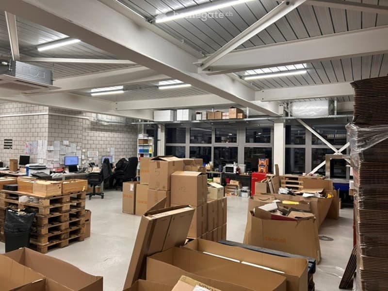Furnished Room. A spacious, industrial-style office space with exposed metal beams and fluorescent lighting. The room is filled with desks, chairs, computers, and numerous cardboard boxes stacked on pallets, indicating an active workspace or storage area.