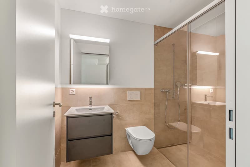 Bathroom. Modern bathroom with a white sink, mirror, toilet, and glass-enclosed shower. Features beige tiles and sleek fixtures.