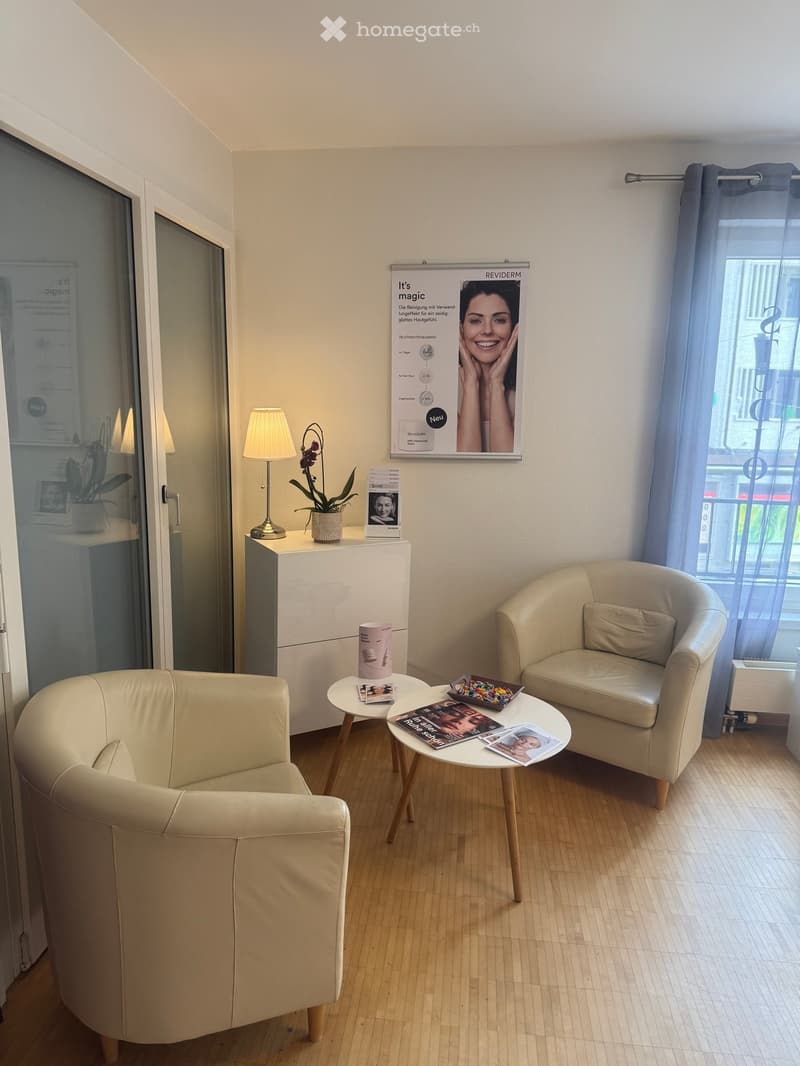 Leather armchairs, round table, lamp, white side table, plants, magazines, poster