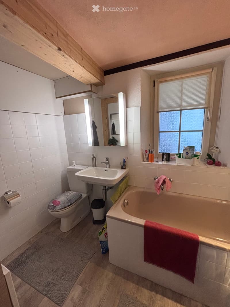 Bathroom. Bathroom with a toilet, sink, bathtub, mirror, and various toiletries. Wooden slatted ceiling and tiled walls.