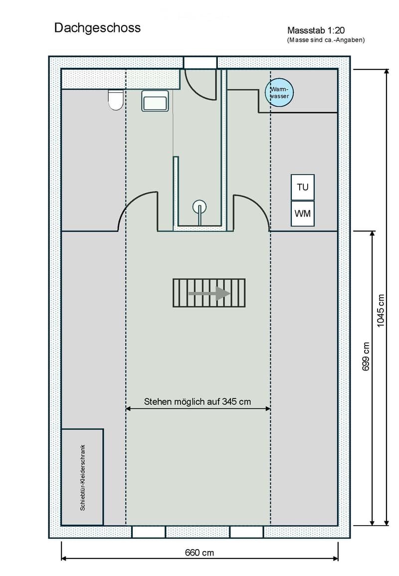 Floor Plan. Roof floor layout showing a walk-in closet, storage area, and utility space with water and waste connections.