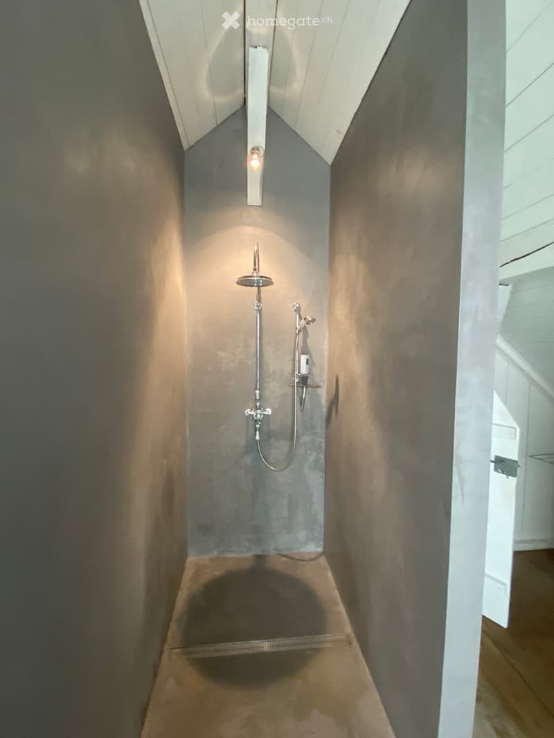 Bathroom. Modern shower area with a sleek, minimalist design, featuring a single showerhead, a handheld sprayer, and a built-in light fixture.