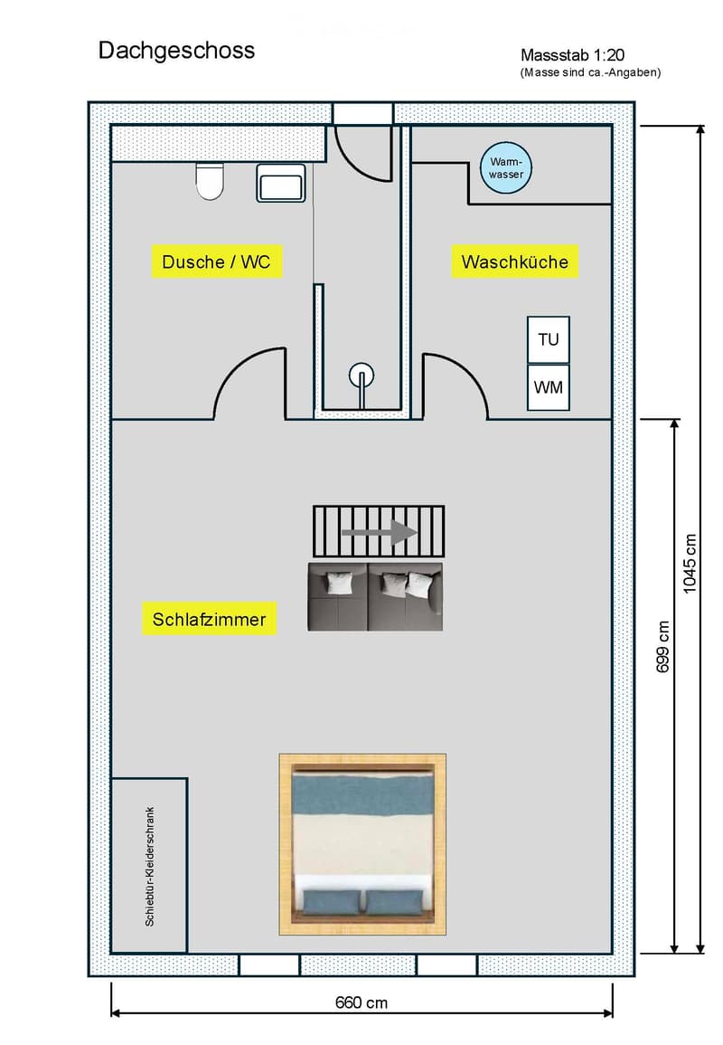 Floor Plan. Layout of a roof floor showing a bedroom, shower/WC, laundry room, and storage closet. Includes dimensions and a scale indicator.