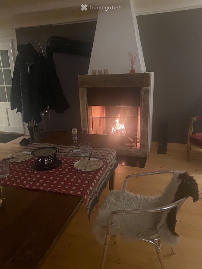 Furnished Room. A cozy living room with a fireplace, a wooden table with a red and white polka dot tablecloth, a fur-covered chair, and a coat rack with jackets.