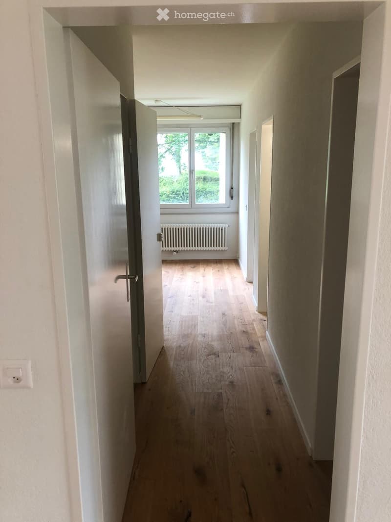 Corridor / Hallway. Empty hallway with light wooden flooring, white walls, and a visible room with a window and radiator at the end.