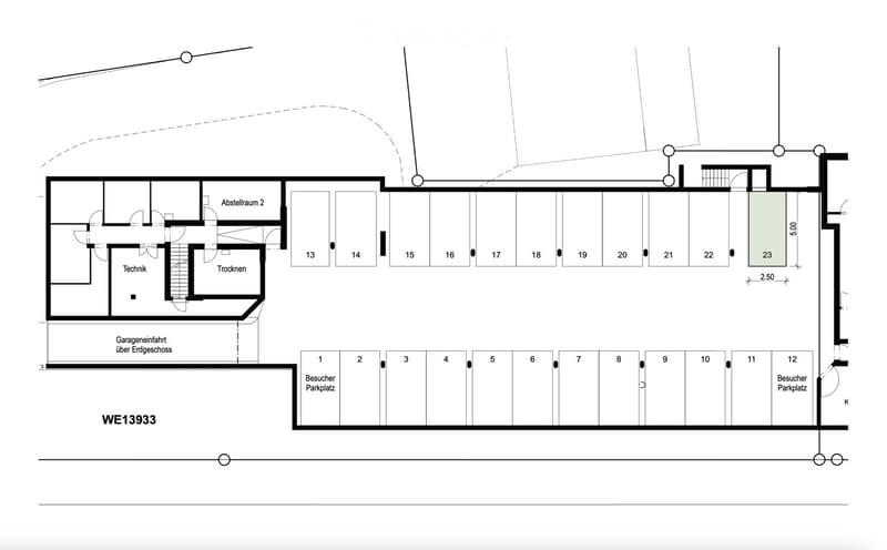 Floor Plan. Floor plan showing a multi-room layout including a garage entrance, visitor parking spaces, technical room, storage areas, and numbered rooms.