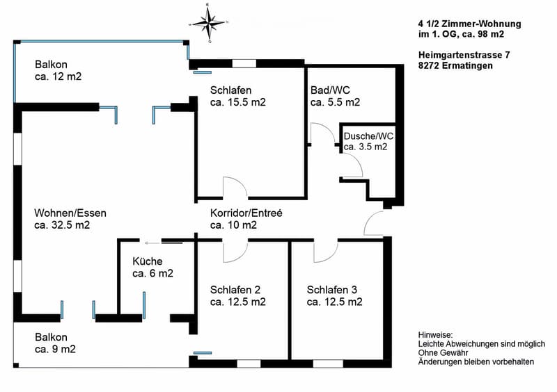 Floor Plan. Floor plan of a 4.5-room apartment on the1st floor, approximately 98 m², including a living/dining area, kitchen, three bedrooms, two bathrooms, and two balconies.