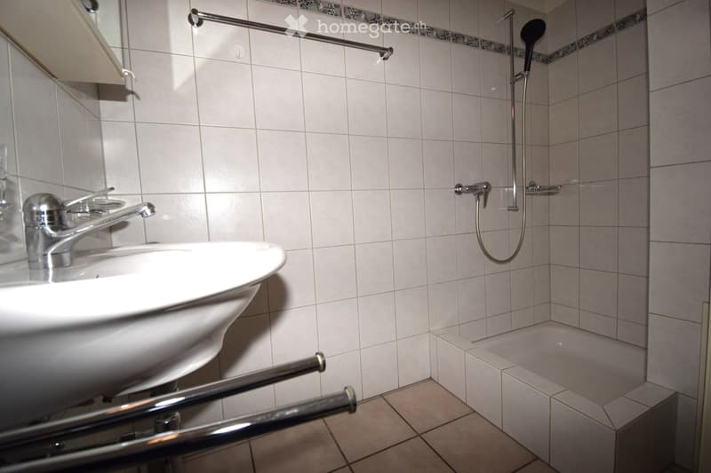 Bathroom. Bathroom with a white sink, chrome faucet, showerhead, and towel rail. Light gray tiled walls and a small shower area.