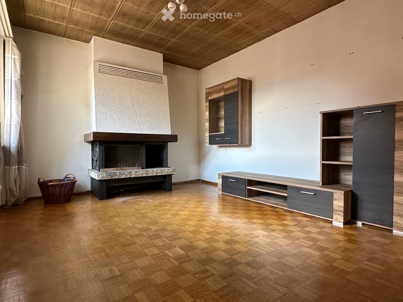 Living Room. Modern living room with wooden flooring, fireplace, cabinet, shelf unit, and a basket near the window.