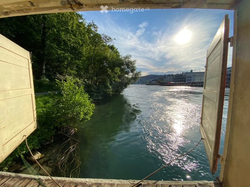 Garden / Outdoor Area. View from a doorway overlooking a river with sunlight reflecting on the water, surrounded by greenery and distant buildings.
