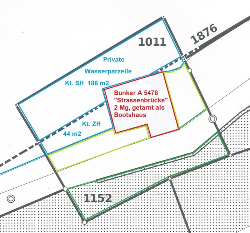 Floor Plan. Floor plan showing a plot of land with labeled areas including a bunker, private water parcel, and adjacent land plots with area measurements.