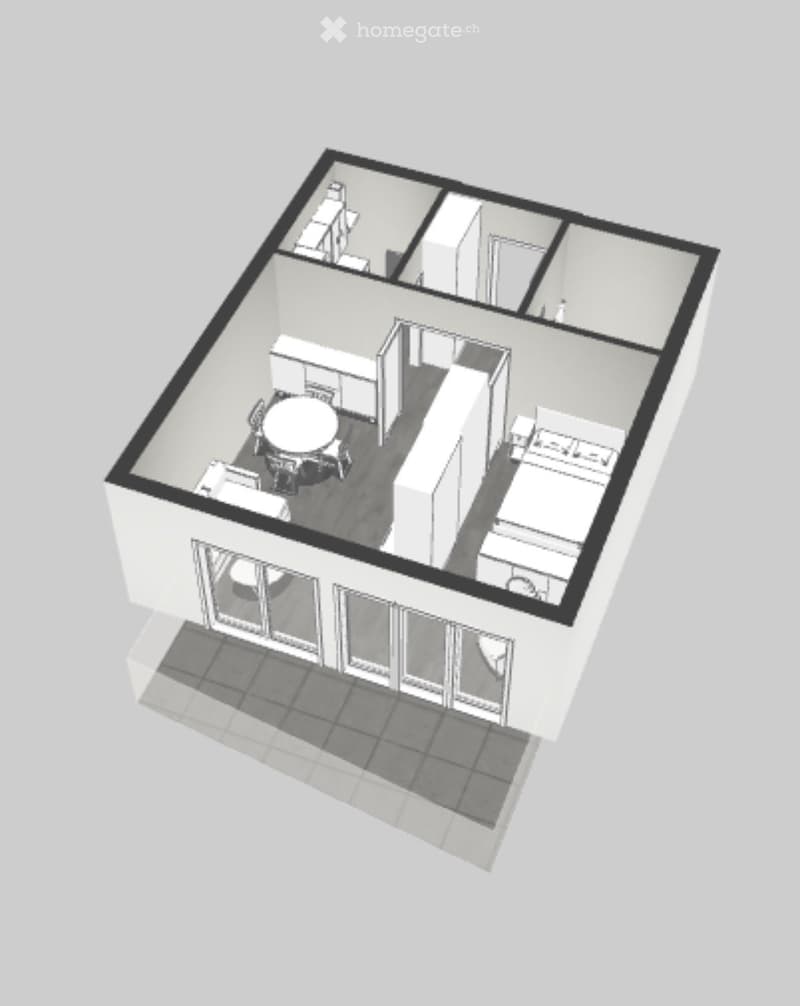 living room, kitchen, 1 bedroom, 1 bathroom, balcony