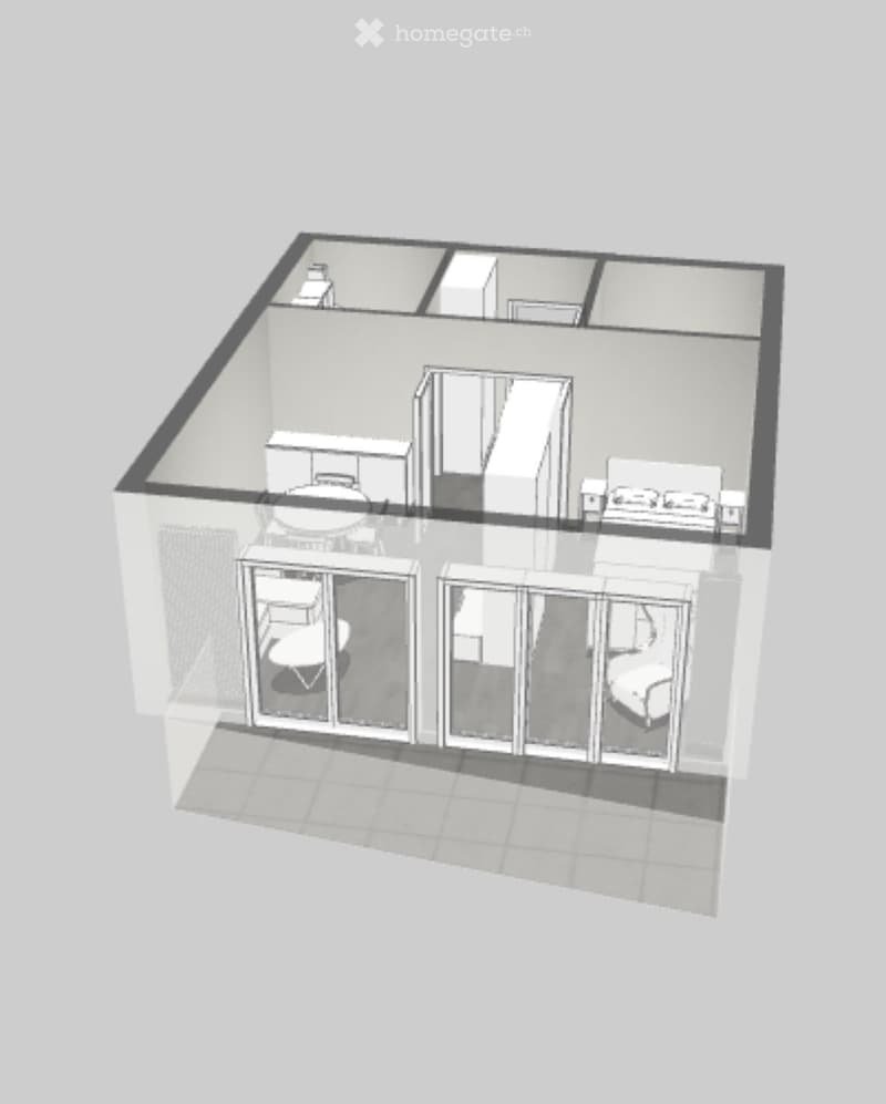Open floor plan, living room, kitchen, 1 bedroom, bathroom, balcony