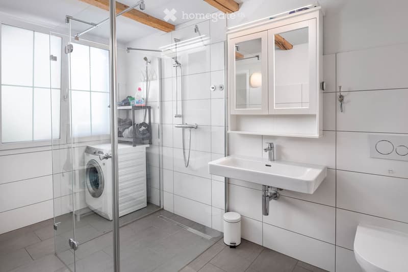 Bathroom. Modern bathroom with white tiles, a glass-enclosed shower, a sink with a mirror cabinet, a toilet, and a private washing machine in the corner.