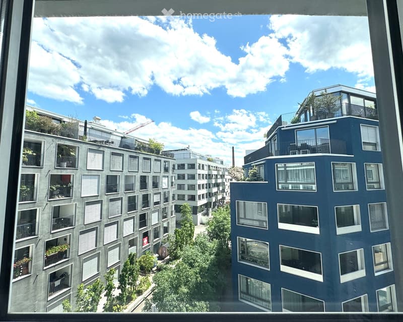 Building. View from a window showing modern apartment buildings with balconies and greenery in the courtyard.