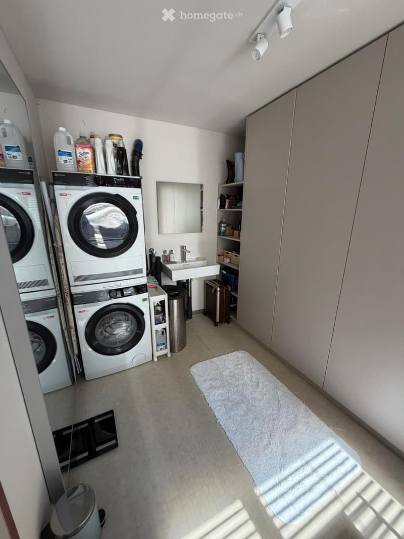 Bathroom. Modern bathroom with a washing machine, sink, mirror, and built-in cabinet. Cleaning supplies are stored on top of the washing machine.