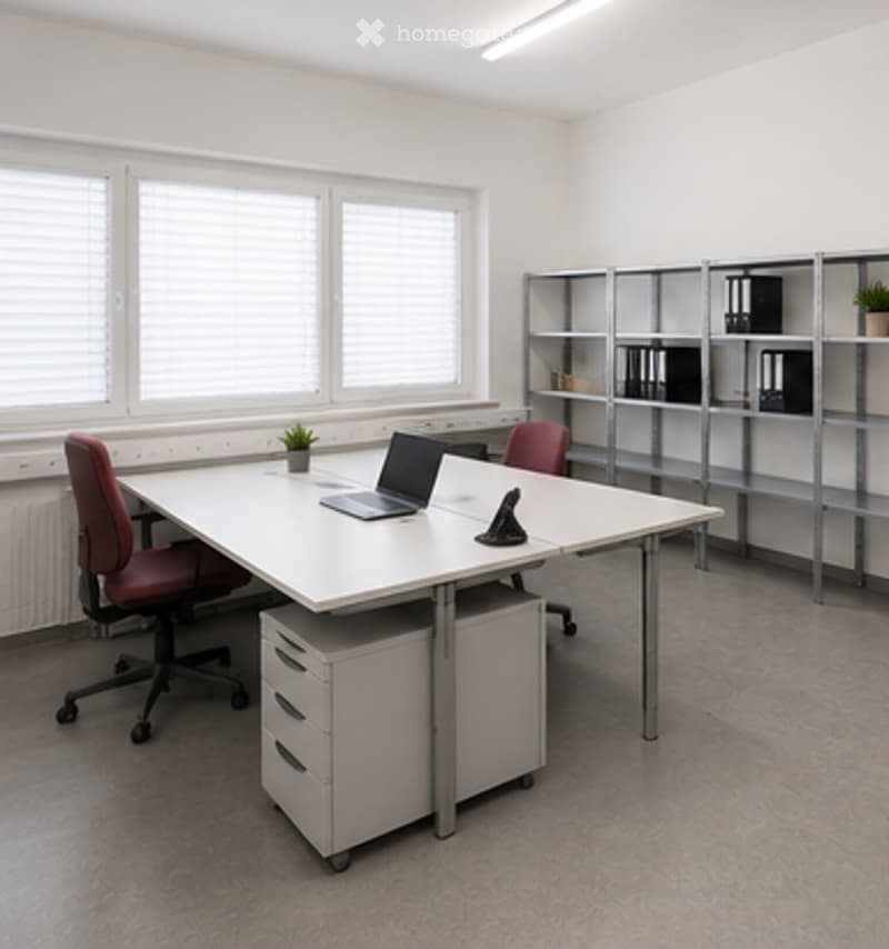 Furnished Room. Modern office space with a large white desk, laptop, two red chairs, a metal cabinet, and a small plant on the desk.