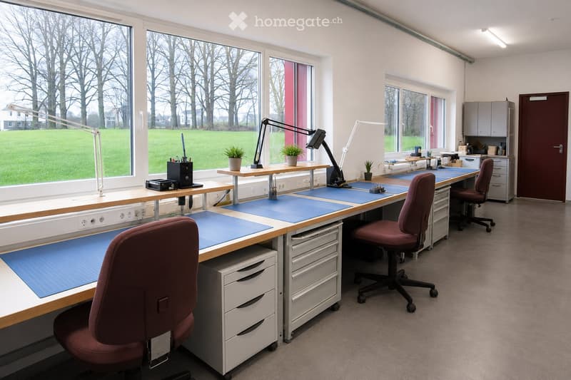 Furnished Room. Bright office space with large windows, desks, chairs, lamps, and small plants.