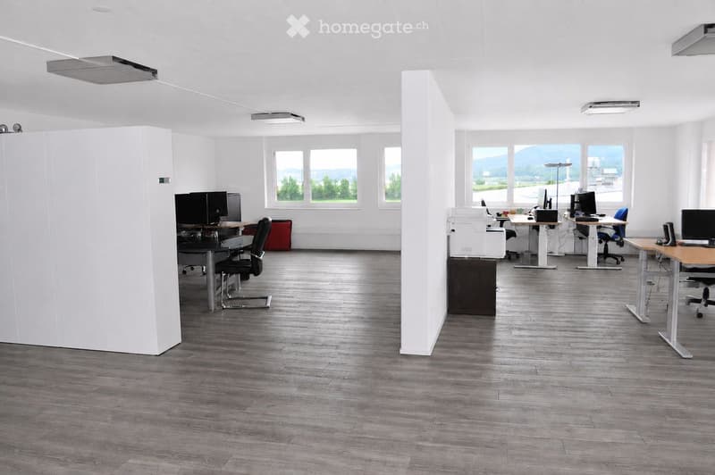 Modern office space with wooden flooring, large windows, desks, chairs, computers, and a printer.