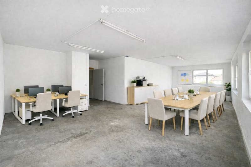 Furnished Room. Bright, modern office space with a large conference table, chairs, multiple computer screens, a cabinet, and a printer. The room features white walls, large windows, and a grey carpeted floor.