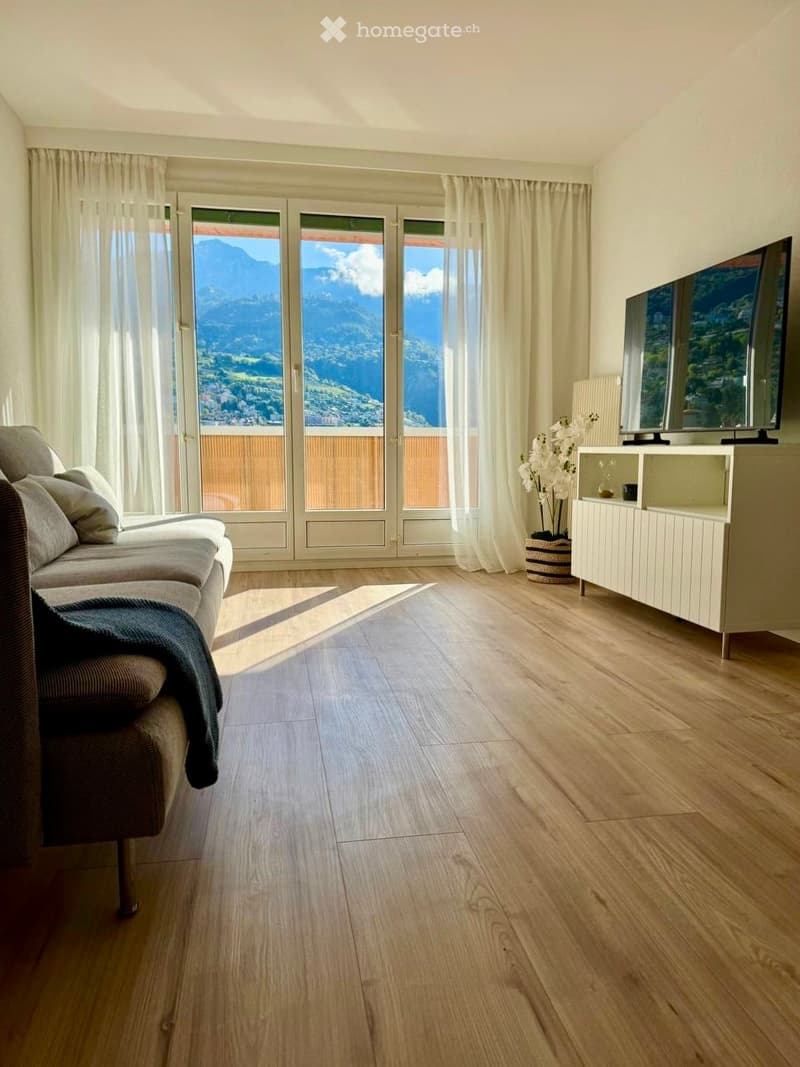 living room with couch, TV, white curtains, wooden floor, balcony with view