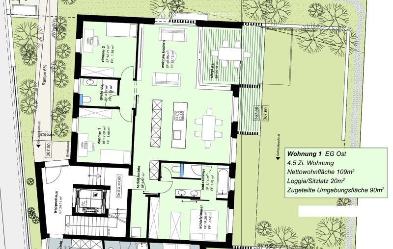 Floor Plan. Floor plan of a 4.5-room apartment with a total living area of 109 m², including a living room, kitchen, bedroom, bathroom, and balcony.