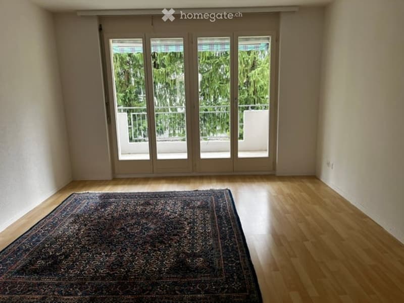 Empty room with wooden flooring, large sliding glass doors leading to a balcony, and a decorative rug on the floor.