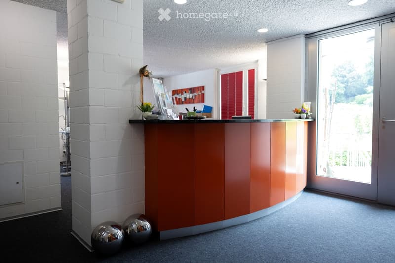 Furnished Room. Modern reception area with a curved wooden desk, white brick walls, large window, and decorative items including vases with flowers, picture frames, and metallic balls.
