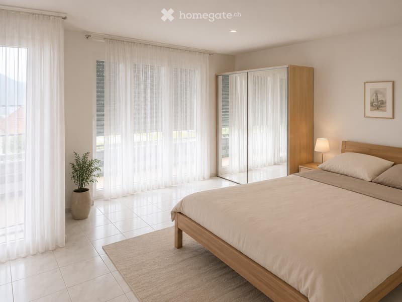 Modern bedroom with a wooden bed, nightstand, lamp, large mirror, plant, and picture frame on the wall.